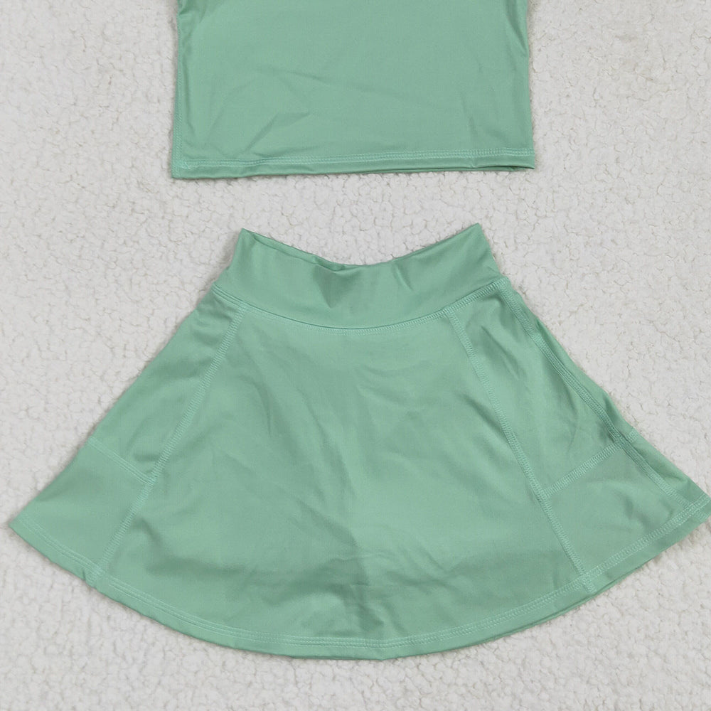 7.16  GSD1984 RTS NO MOQ Baby Girls Yoga Outfits Baby Girls Green Vest Top Sports Skorts Clothes Sets