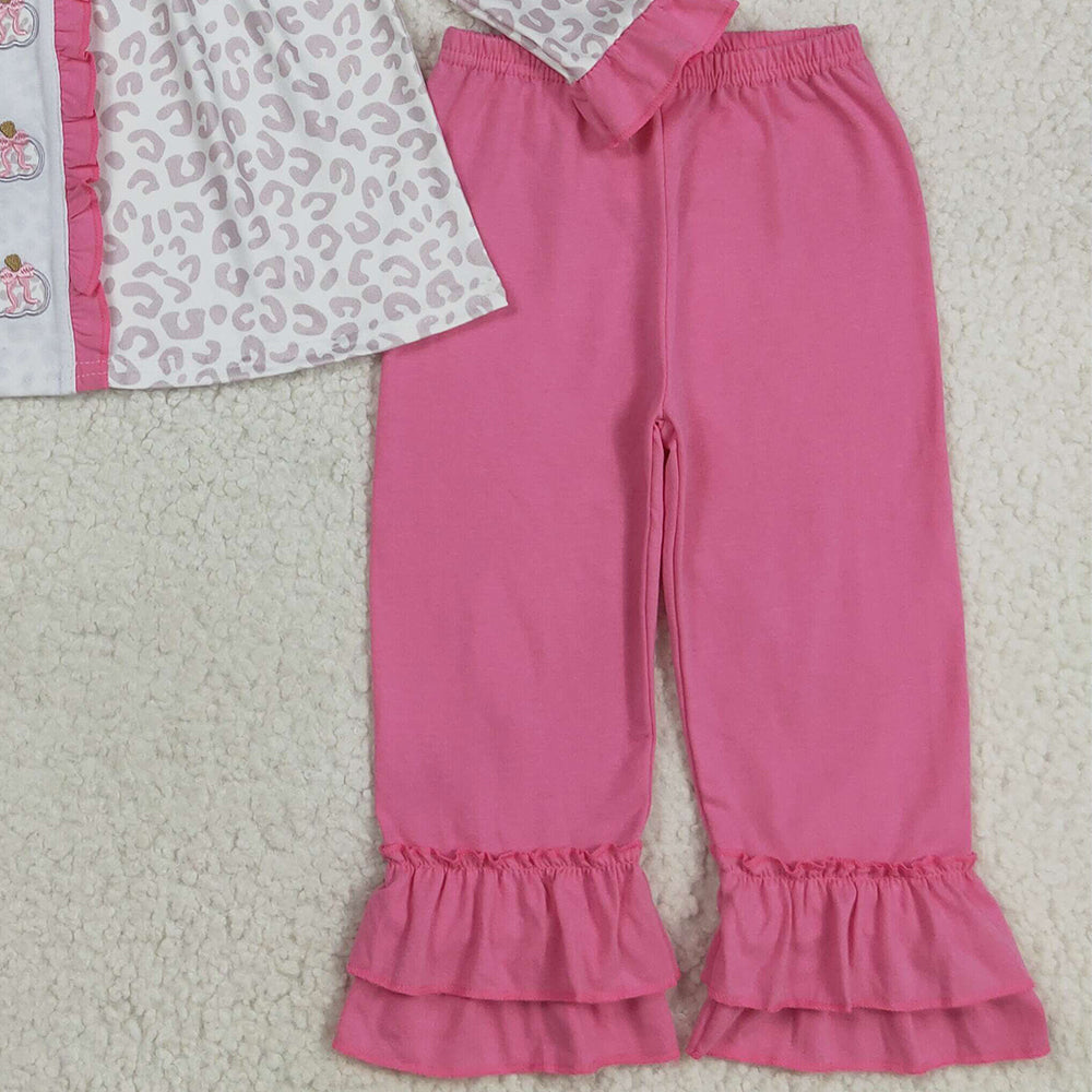 RTS NO MOQ （In stock）GLP2353 Baby Girls Winter Outfits Kids Girls Fall Pumpkin Leopard Tunic Top With Ruffle Pants Set