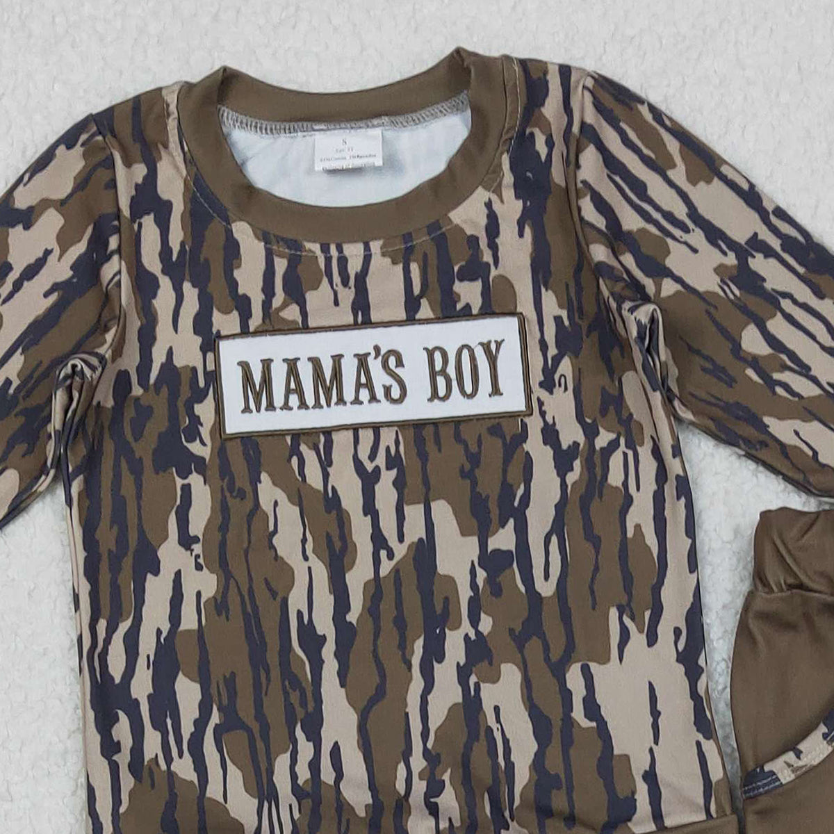 11.12 RTS NO MOQ （In stock）BLP1334 Embroidery Mama's Boy Baby Boys Olive Camo Top Pockets Jogger Clothes Sets