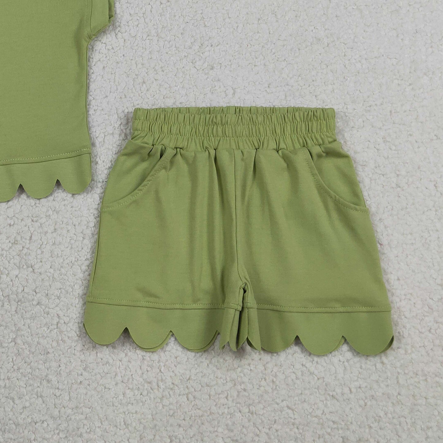 GSSO3375 RTS NO MOQ （In stock ）Green scallop pullover shorts girls summer outfits