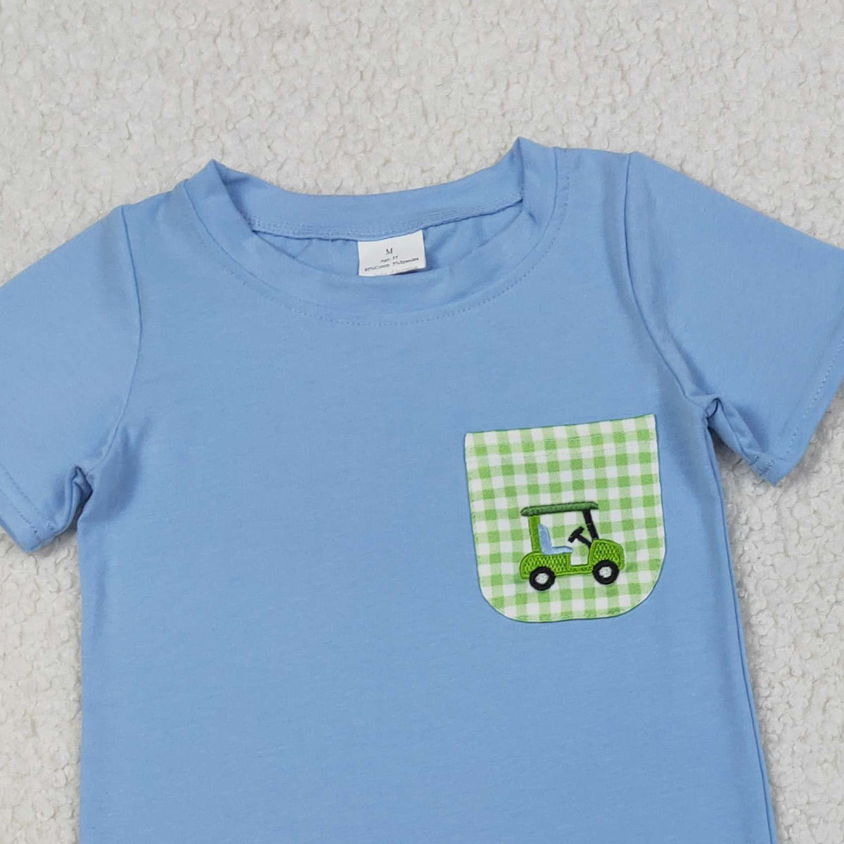 1.19 RTS NO MOQ （In stock）BSSO1672 Embroidery Golf Trucks Baby Boys Pockets Top Checked Shorts Clothes Sets