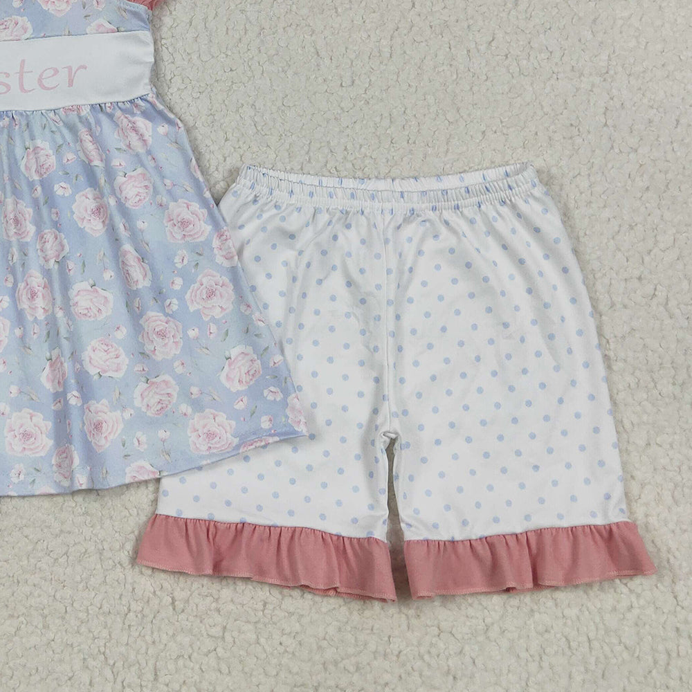 7.10  GSSO2350 RTS NO MOQ Baby Girls Summer Outfits Baby Girls Sleeveless Pink Floral Big Sister Tunic Polka Dots Short Set
