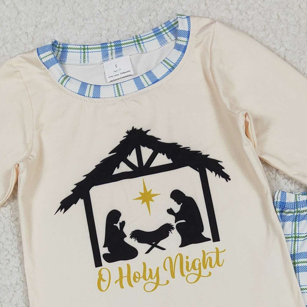 10.10 RTS NO MOQ （In stock）BLP1100 Baby Boys Winter Outfits Baby Boys Jesus Nativity Top Checked Pants Christmas Clothes Sets