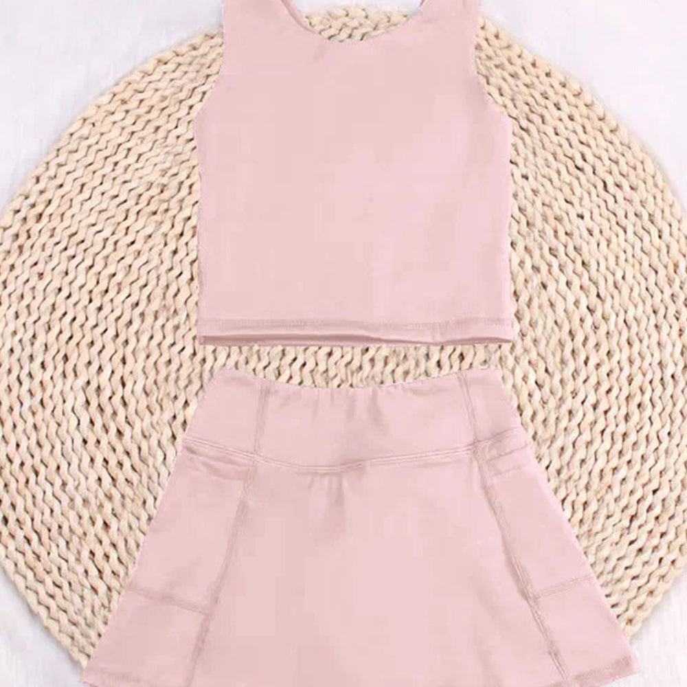 7.14 GSD1977 RTS NO MOQ Baby Girls Yoga Outfits Baby Girls Peach Sleeveless Top Pockets Skirt Yoga Set