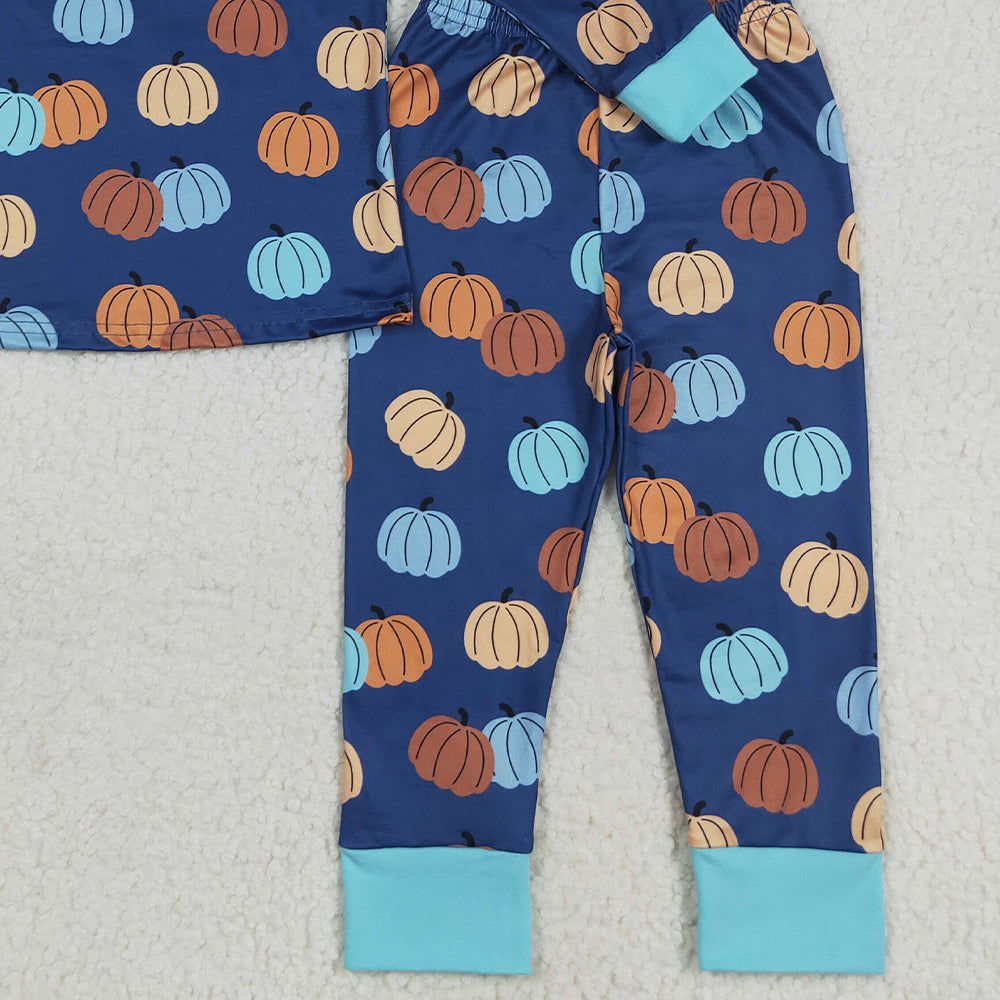 RTS NO MOQ （In stock）BLP1153 Baby Boys Winter Outfits Baby Boys Long Sleeves Fall Blue Pumpkins Top Pant Pajamas Sets