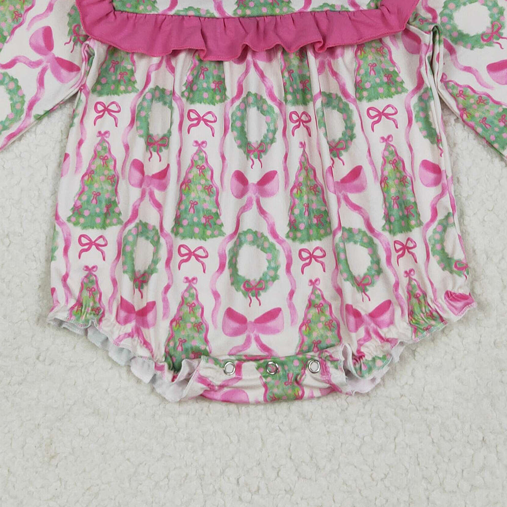 8.14  LR2202RTS NO MOQ Baby Girls Winter Rompers Baby Girls Long Ruffle Sleeves Trees Bows Ruffle Rompers