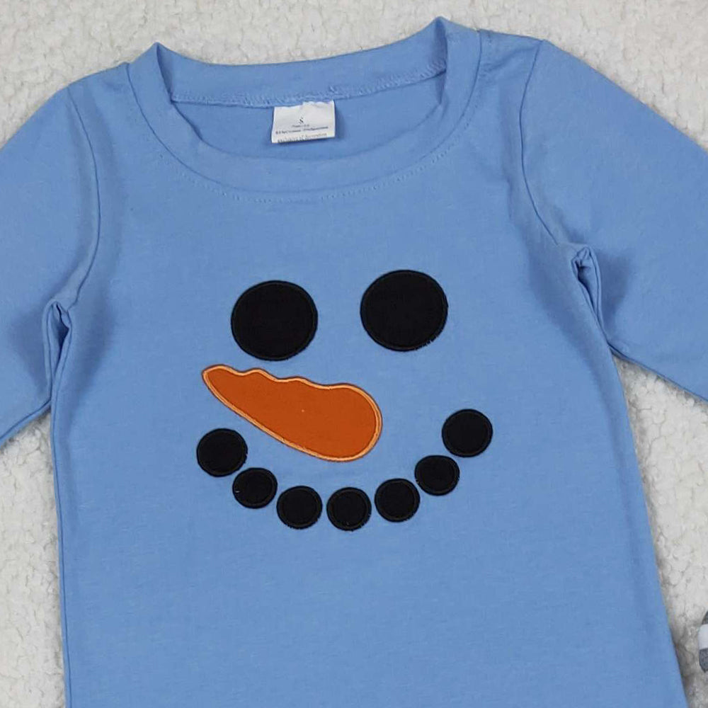 RTS NO MOQ （In stock）BLP1231Baby Boys Winter Outfits Christmas Blue Snowmen Top Stripe Pockets Pants Sets