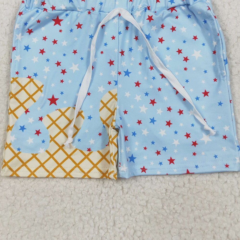 7.08 SS0610 RTS NO MOQ Baby Boys Summer Shorts Baby Boys Light Blue Drip Stars Pockets Team Shorts Bottom