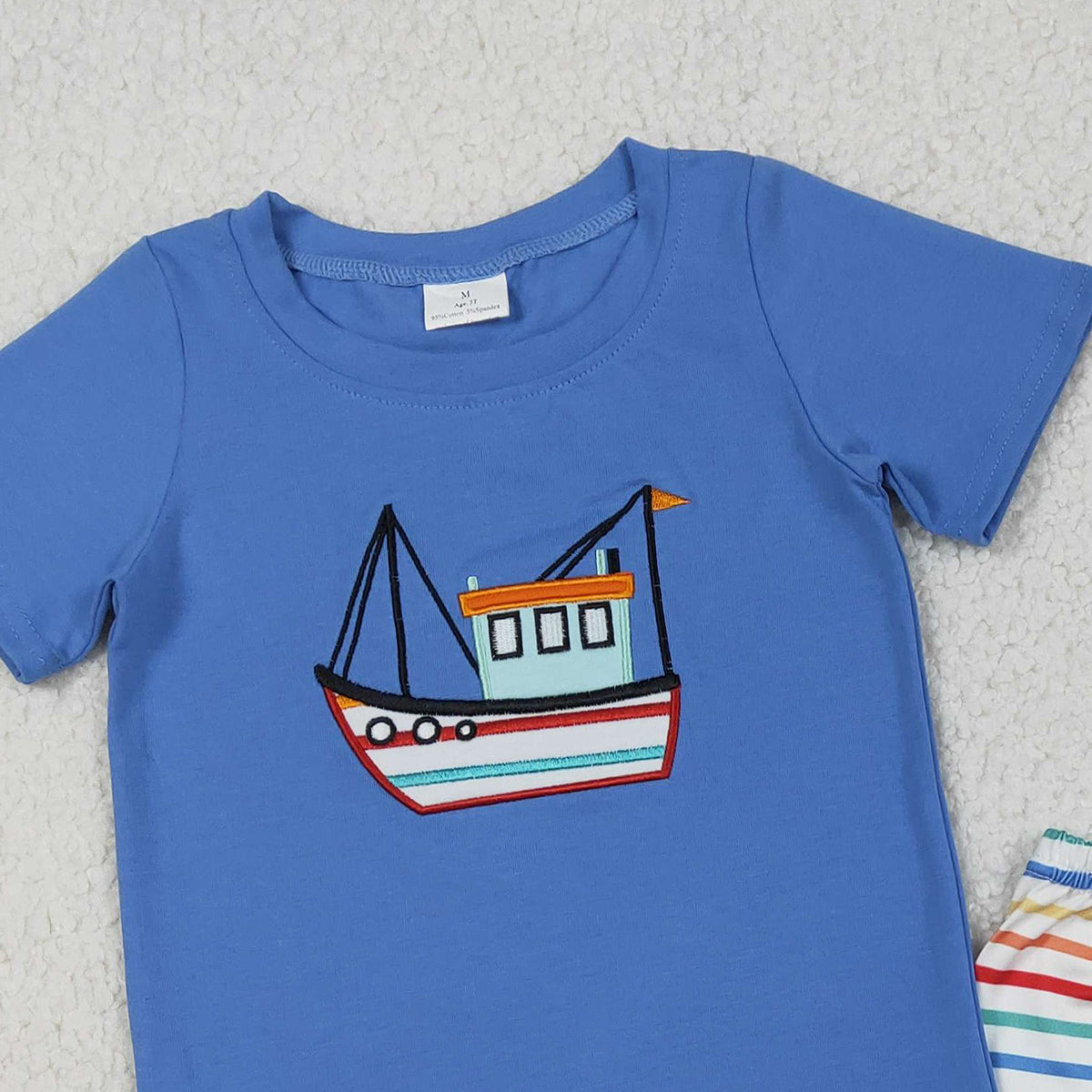 1.7 RTS NO MOQ （In stock）BSSO1754 Embroidery Boats Baby Boys Blue Shirt Top Stripe Shorts Clothes Set