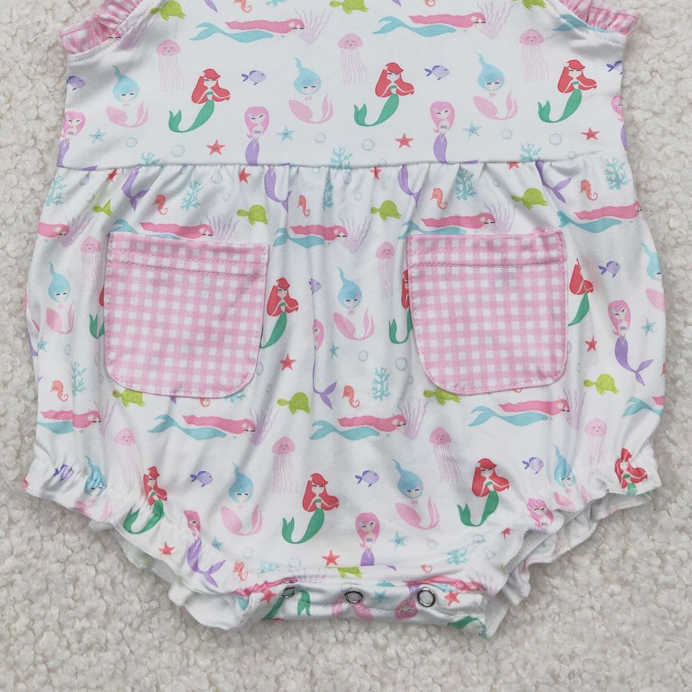 4.14 SR2880 RTS NO MOQ Baby Girls Summer Rompers  Sleeveless plaid pockets octopus fish turtle baby girls romper
