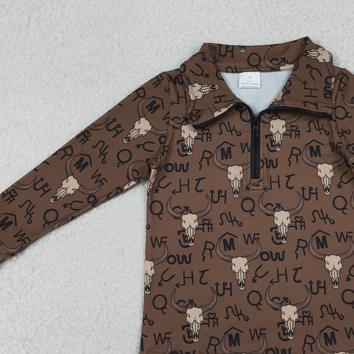 12.24 RTS NO MOQ （In stock）BT1597 Baby Boys Long Sleeve Western Bull Skulls Zipper Pullovers Top