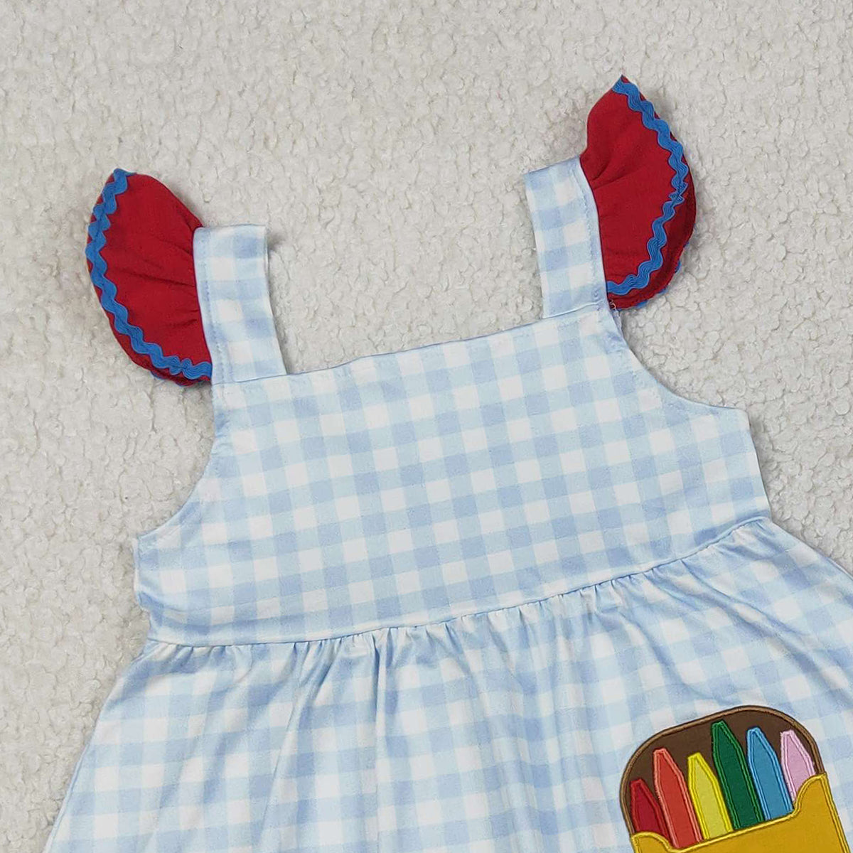 3.12 RTS NO MOQ （In stock）GSSO3101 Kids Clothing for Girls Baby Girls Embroidery Pencils Checked Tunic Ruffle Shorts Back to School Sets