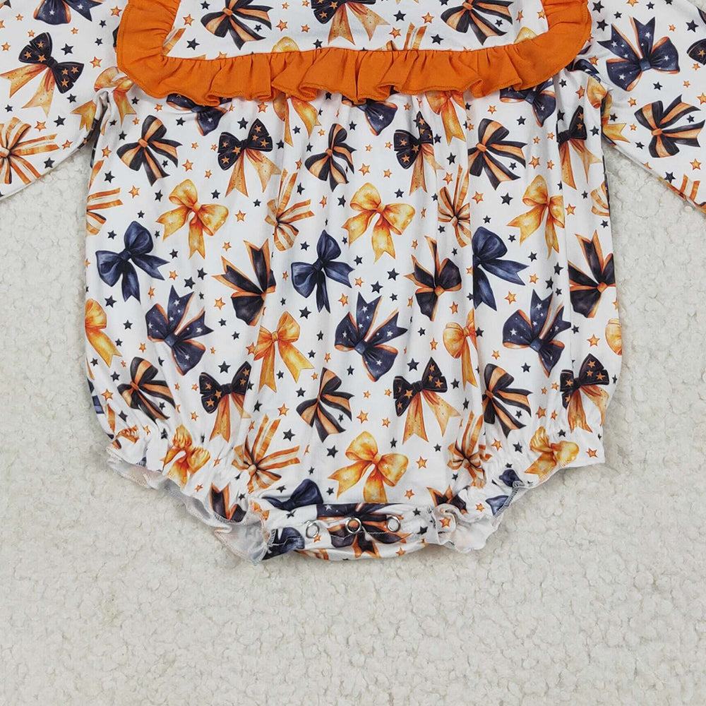 RTS NO MOQ （In stock）LR2207 Baby Girls Winter Rompers Baby Girls Halloween Colorful Bows Stars Ruffle Rompers