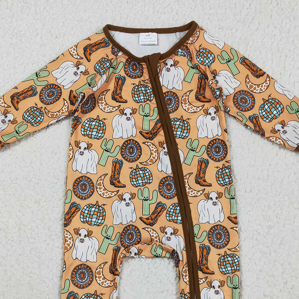 RTS NO MOQ （In stock）LR2463 Baby Boys Winter Rompers Baby Boys Western Cactus Boots Cows Zipper Footie Rompers