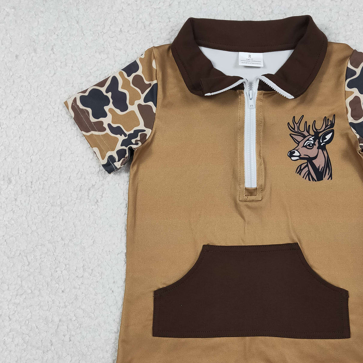 12.19 RTS NO MOQ （In stock）BT1531 Baby Boys Brown Camo Deer Zipper Pockets Hunting Pullovers Top