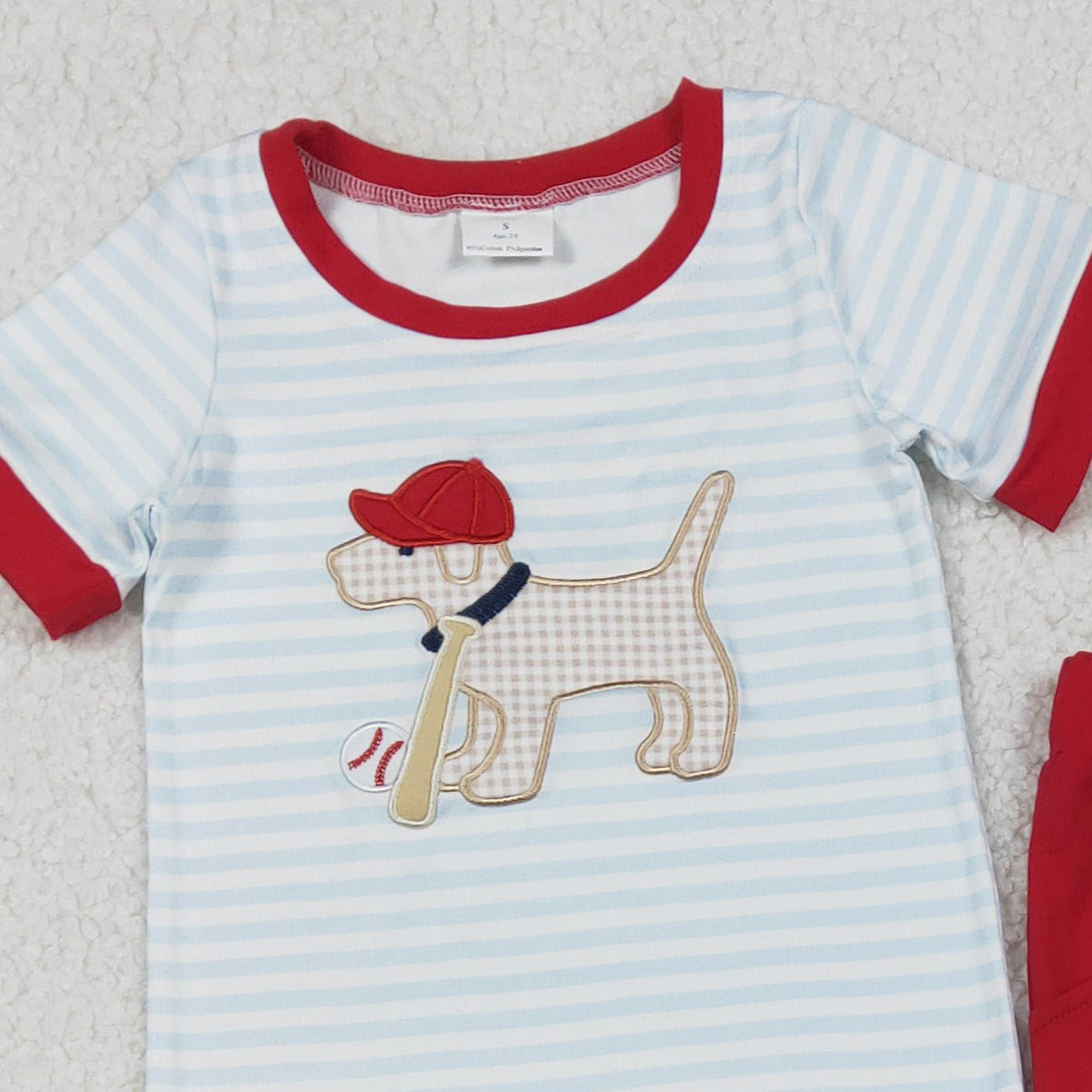 12.2 RTS NO MOQ （In stock）BSPO0613 Embroidery Dog Baseballs Baby Boys Stripe Top Pockets Pants Team Clothes Sets