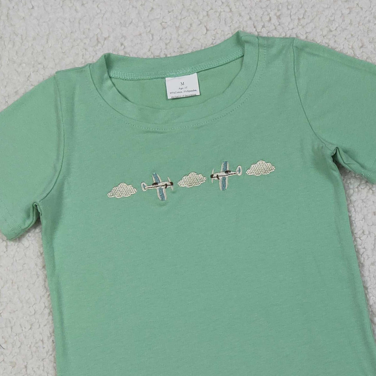 3.27 RTS NO MOQ （In stock）BSSO1684 Fashion Clothing For Baby Boys Short Sleeve Embroidery Air Planes Top Checked Pockets Clothes Sets