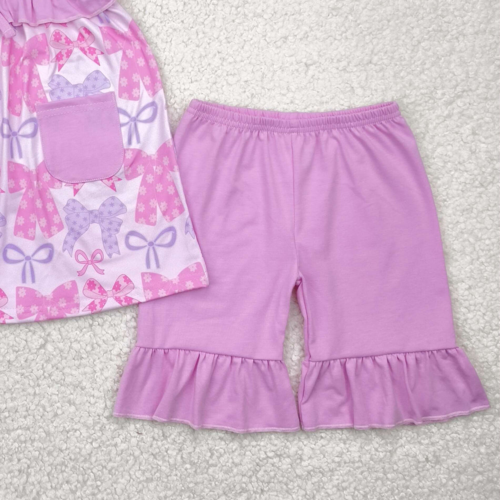7.17   GSSO2462RTS NO MOQ Baby Girls Summer Outfits baby girl clothes bow sleeveless shorts set