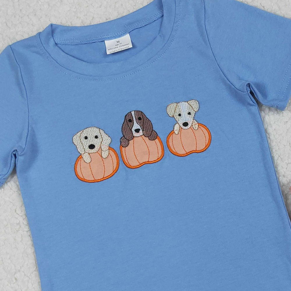 RTS NO MOQ （In stock）BSSO1547  Baby Boys Summer Boys Outfits Embroidery Dogs Pumpkins Top Shorts Fall Clothes Sets