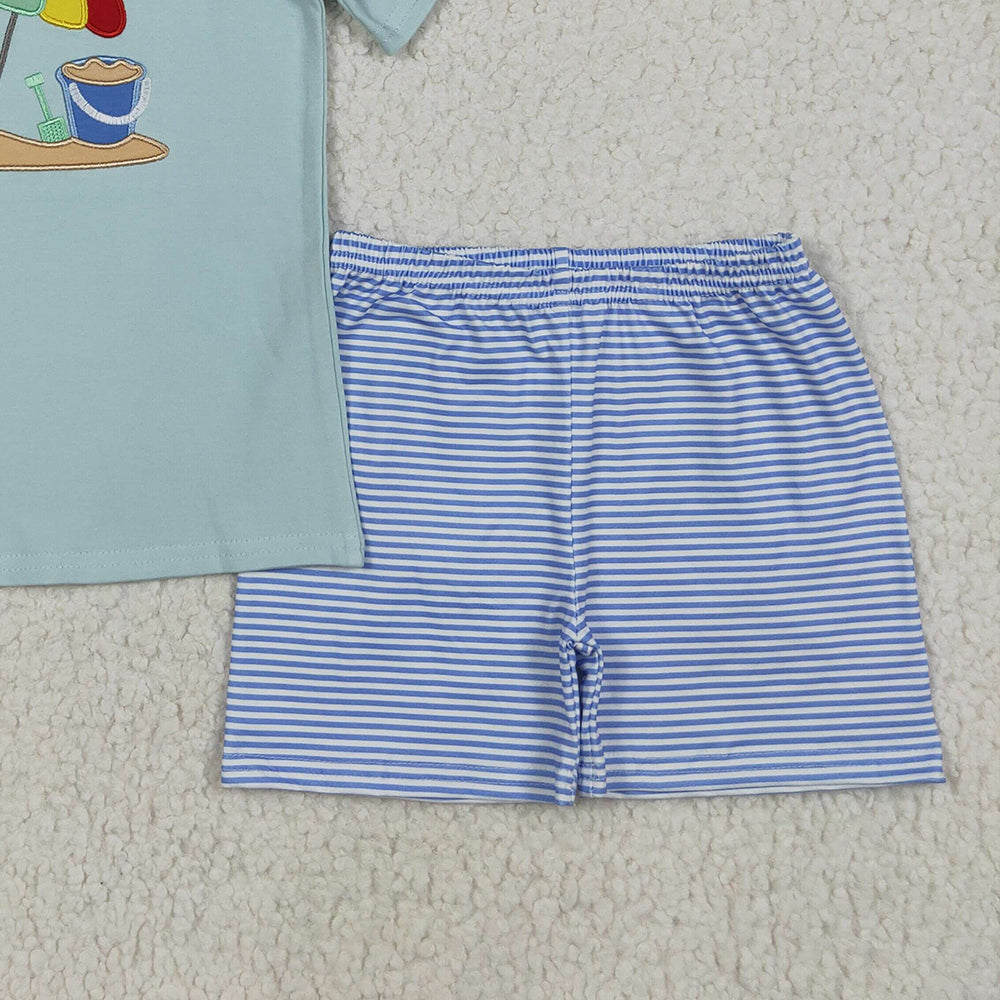 8.18   BSSO1485 RTS NO MOQ Baby Boys Summer Boys Outfits Embroidery Baby Boys Short Sleeves Beach Top Blue Stripe Short Set