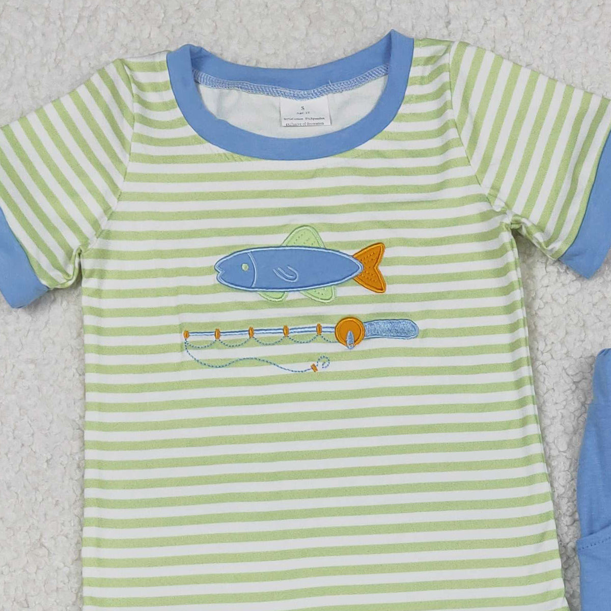 12.4 RTS NO MOQ （In stock）BSPO0612 Embroidery Fishing Baby Boys Stripe Top Pockets Leggings Hunting Clothes Sets