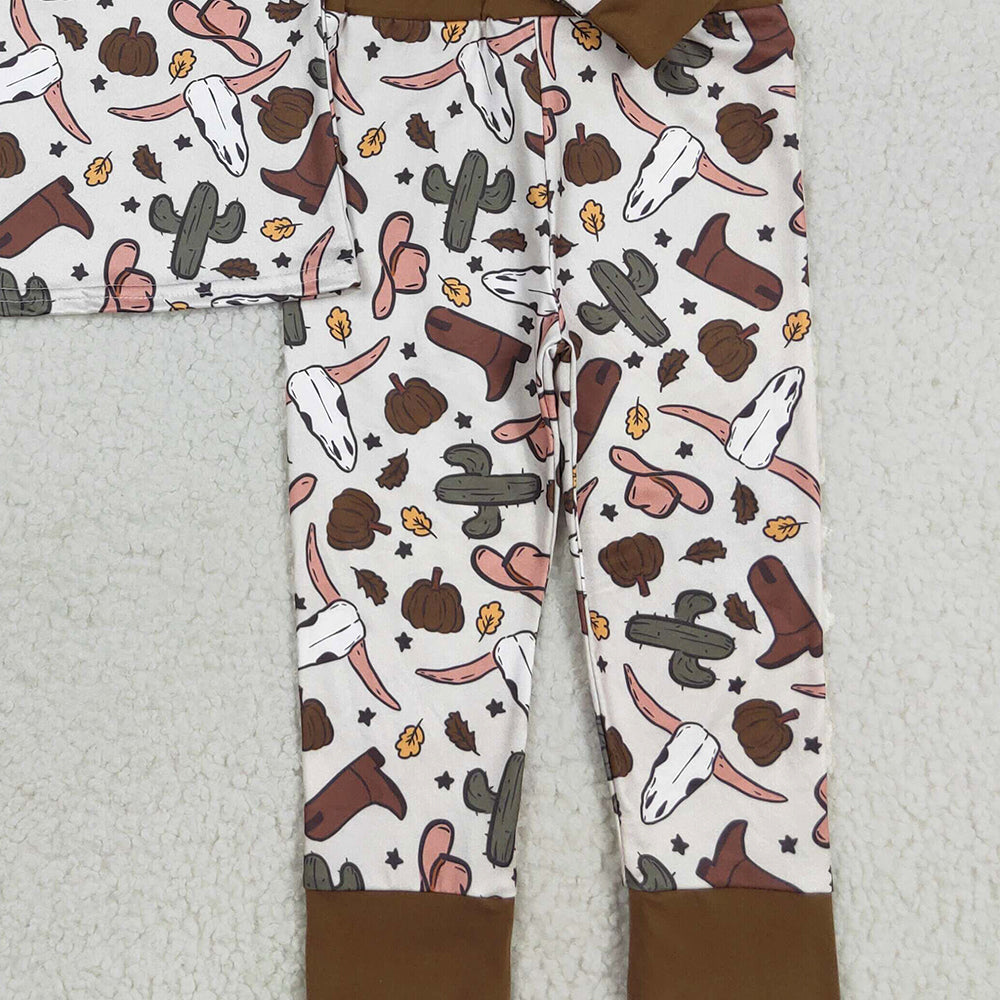 RTS NO MOQ （In stock）BLP1141 Baby Boys Winter Outfits Baby Boys Brown Western Bull Skull Cactus Top Pant Pajamas Sets