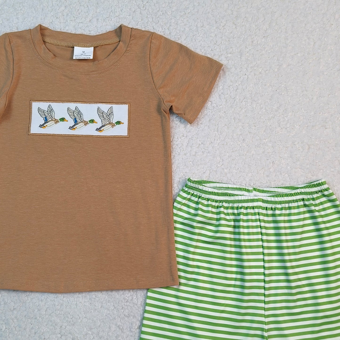 BSSO1947 RTS NO MOQ （In stock ）Brown duck embroidery top stripe shorts kids boys outfits