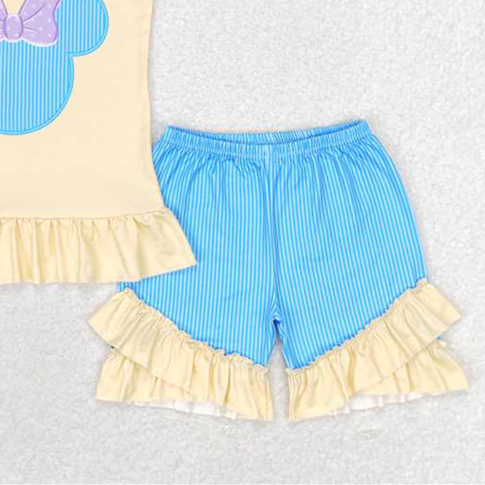 4.25 GSSO1159  RTS NO MOQ Yellow flutter sleeves mouse top shorts girls clothes