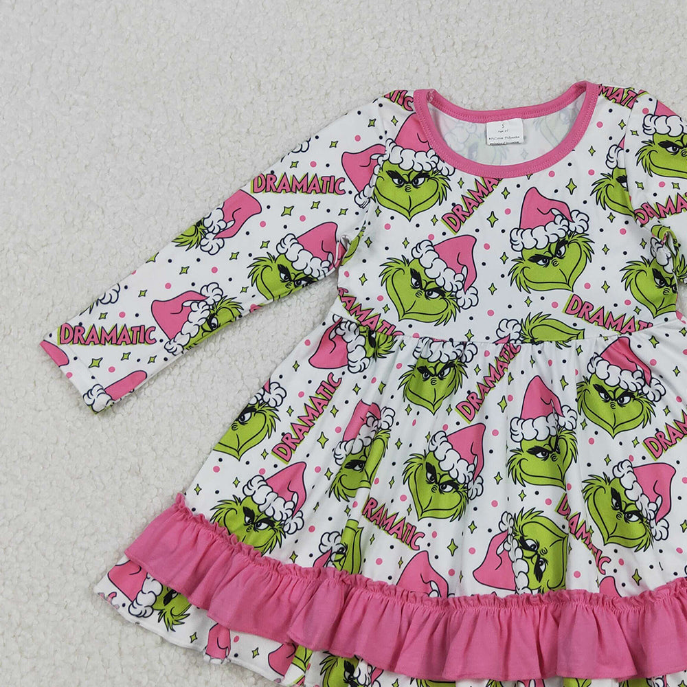 RTS NO MOQ （In stock）GLD1234 Baby Girls Winter Dress Girls Green-faced Long-Sleeve Dress with Pink Ruffle Christmas Hat Cute Children's Outfit