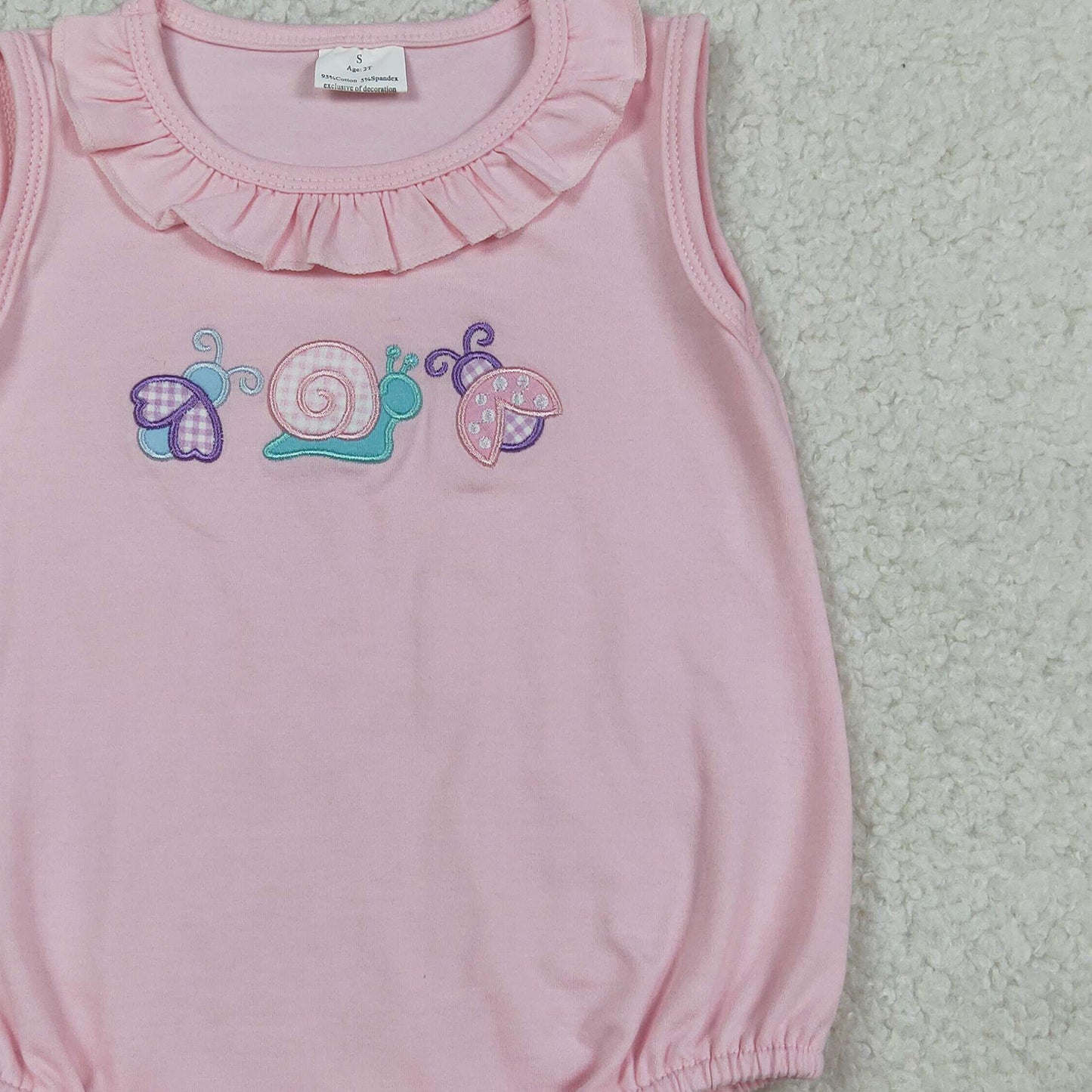 SR4037 RTS NO MOQ （In stock）Ruffle sleeveless bee snails embroidery baby girls romper