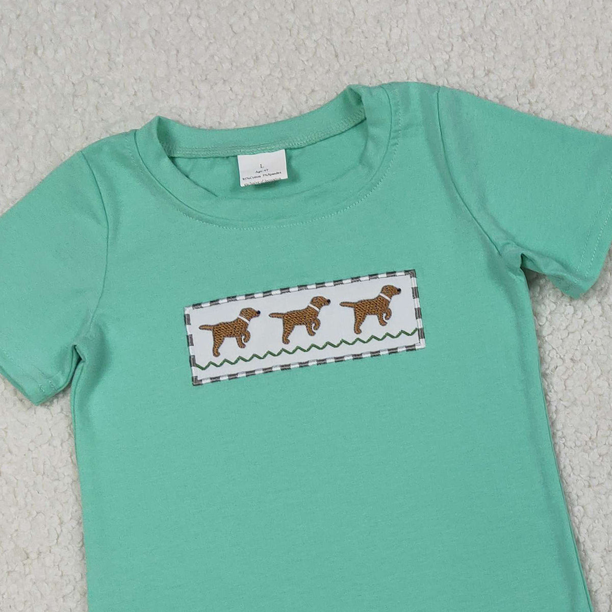 1.14 RTS NO MOQ （In stock）BSSO1688 Embroidery Dogs Baby Boys Top Stripe Pockets Shorts Hunting Clothes Sets