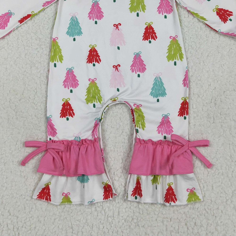 LR2280 RTS NO MOQ Baby Girls Winter Rompers Baby Girls Long Sleeves Colorful Bows Trees Ruffle Pant Rompers