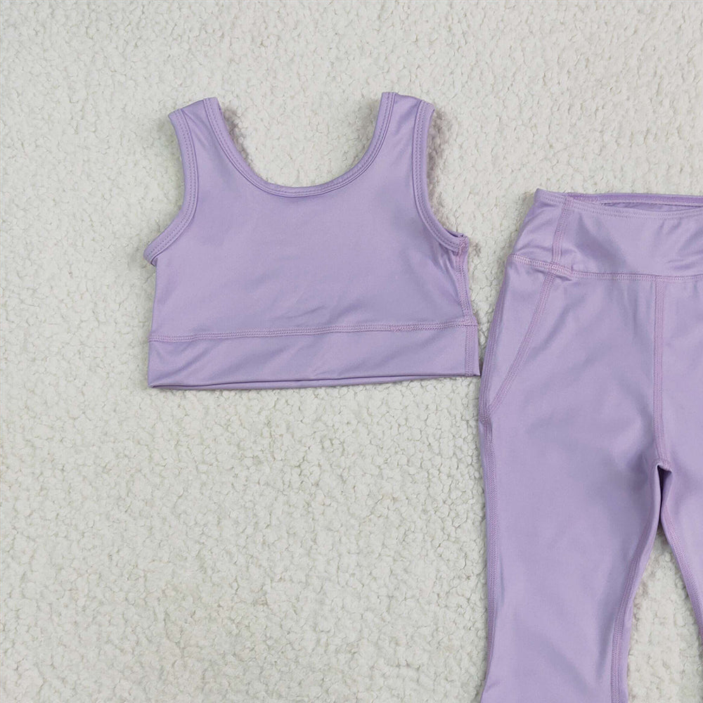 4.15 GSPO2006RTS NO MOQ Baby Girls Summer Yoga Outfits Lavender crop top floral pants kids girls yoga set