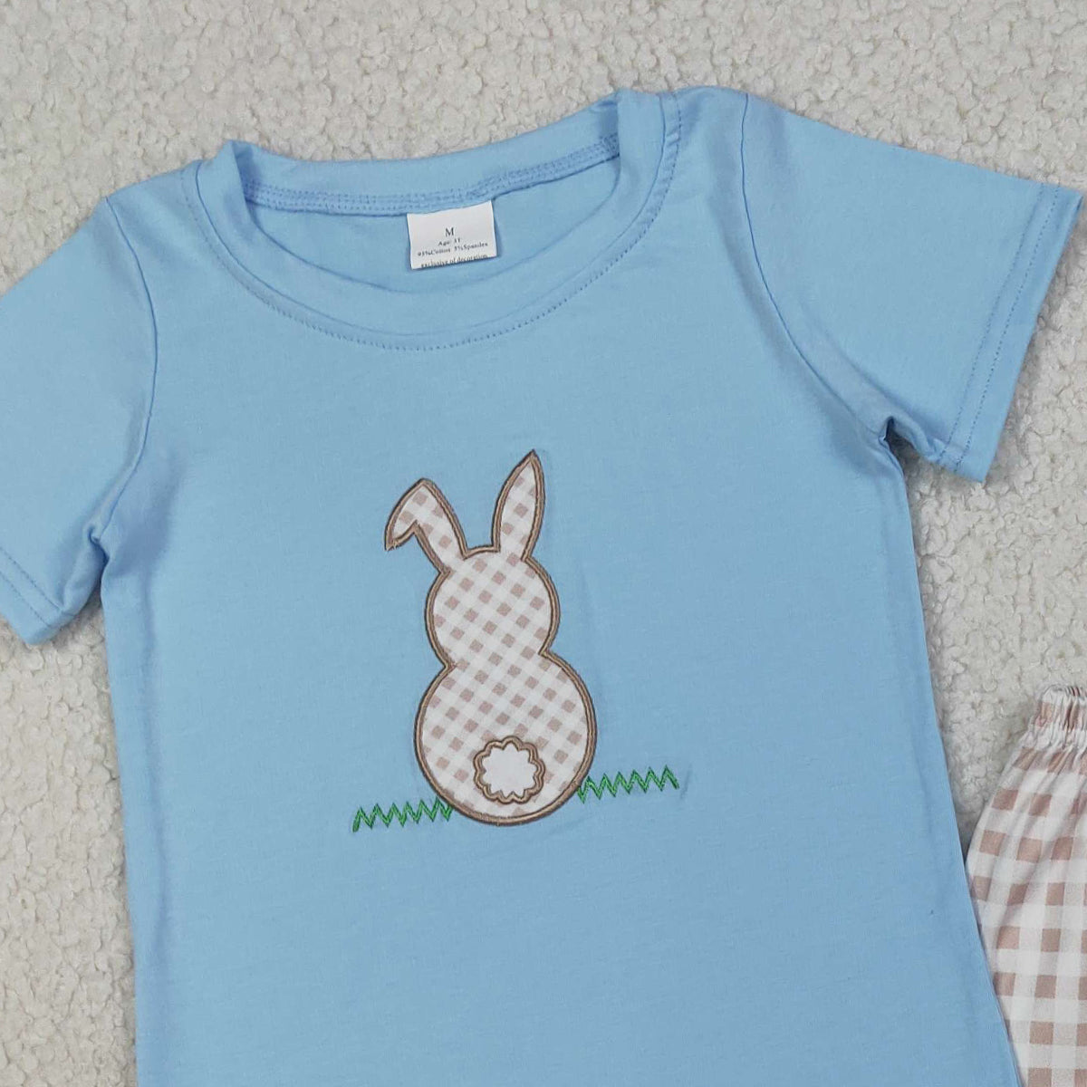 3.19 RTS NO MOQ （In stock）BSSO0305 Fashion Clothing For Baby Boys Embroidery Rabbit Shirt Checked Shorts Easter Clothes Sets