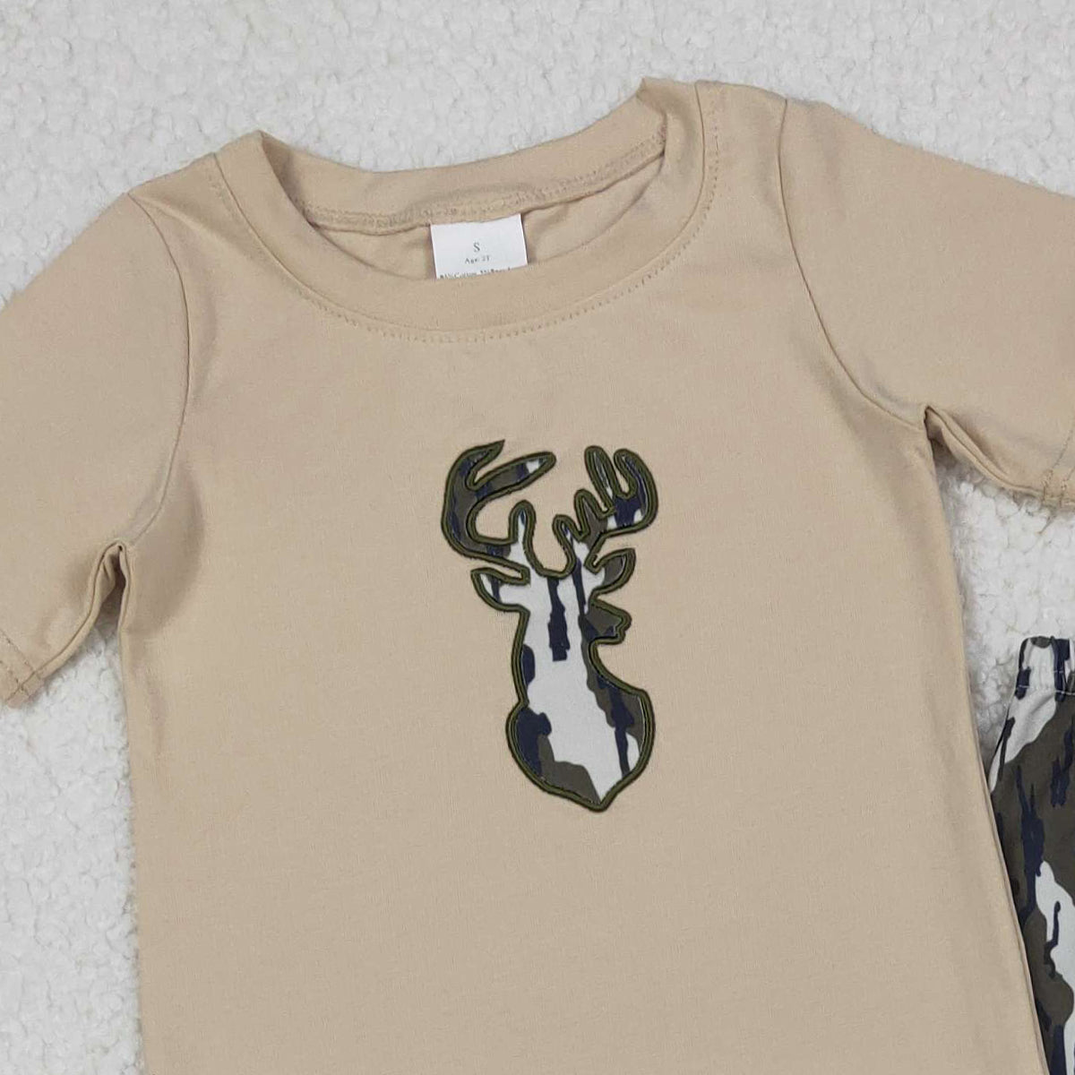 10.27 RTS NO MOQ （In stock）BSPO0582 Embroidery Camo Deer Baby Boys Top Flare Pant Hunting Set