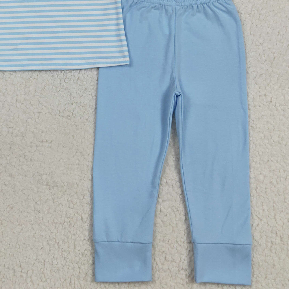RTS NO MOQ （In stock）BLP1150 Baby Boys Winter Outfits Embroidery Baby Boys Light Blue Stripe Winter Snowman Top Pant Pajamas Sets