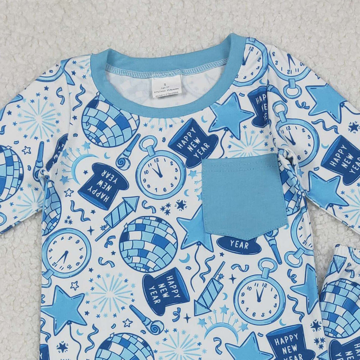 10.20 RTS NO MOQ （In stock）BLP1259 Baby Boys Winter Outfits Baby Boys Blue Pocket Happy New Year Top Pant Pajamas Set