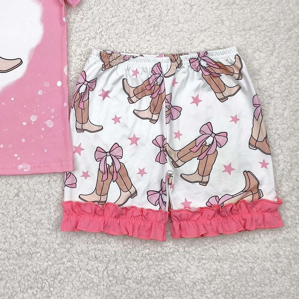 GSSO2354RTS NO MOQ Baby Girls Summer Outfits Girls Pink Bleached Bow Top Ruffle Shorts Set Cute Casual Outfit for Kids