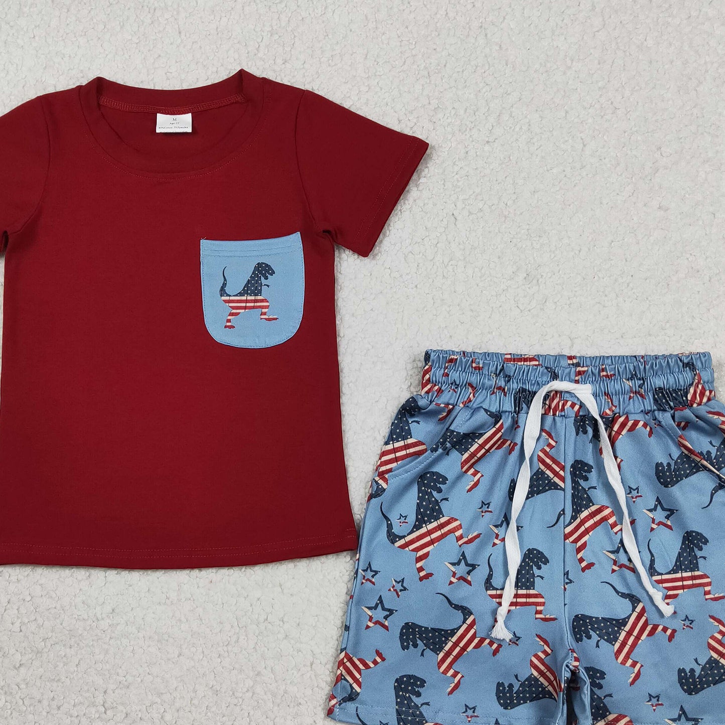 BSSO0519 RTS NO MOQ （In stock ）Red pocket top dinosaur shorts boys 4th of july clothes