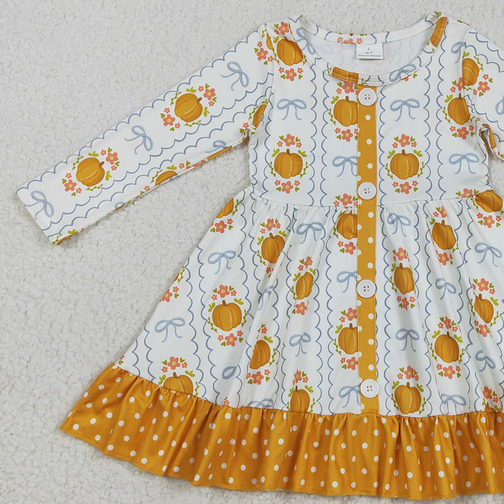 RTS NO MOQ （In stock）GLD1111 Baby Girls Winter Dress Baby Girls Long Sleeves Pumpkins Bows Plaid Button Ruffle Knee Length Dresses