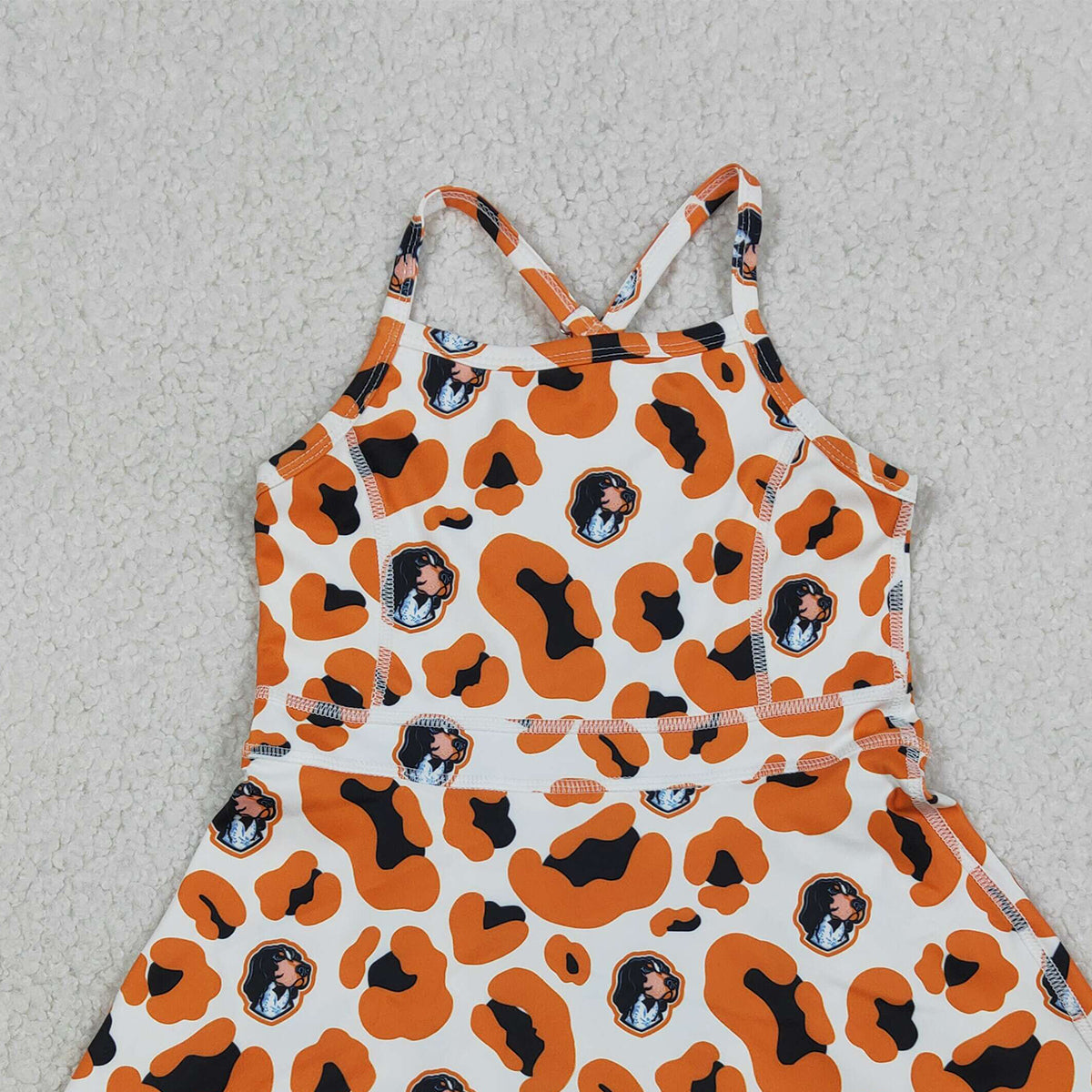 3.20 RTS NO MOQ （In stock）GSD3634 Kids Fashion Clothes Baby Girls Strap Orange Leopard Team Yoga Active Shorts Knee Length Dress