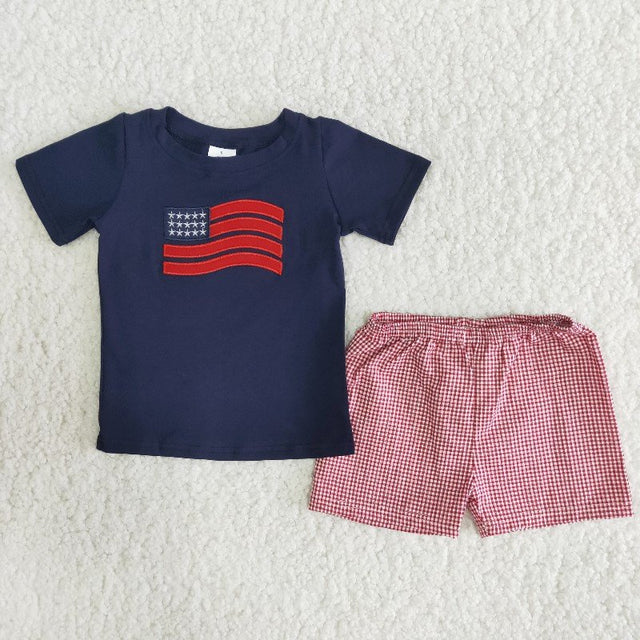 RTS Sibling Dog flag top plaid shorts boys 4th of july clothes