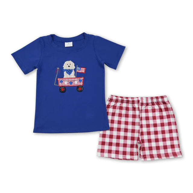RTS Sibling Dog flag top plaid shorts boys 4th of july clothes