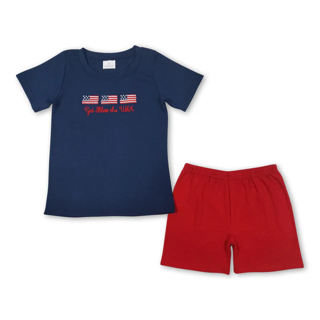 RTS Sibling Dog flag top plaid shorts boys 4th of july clothes