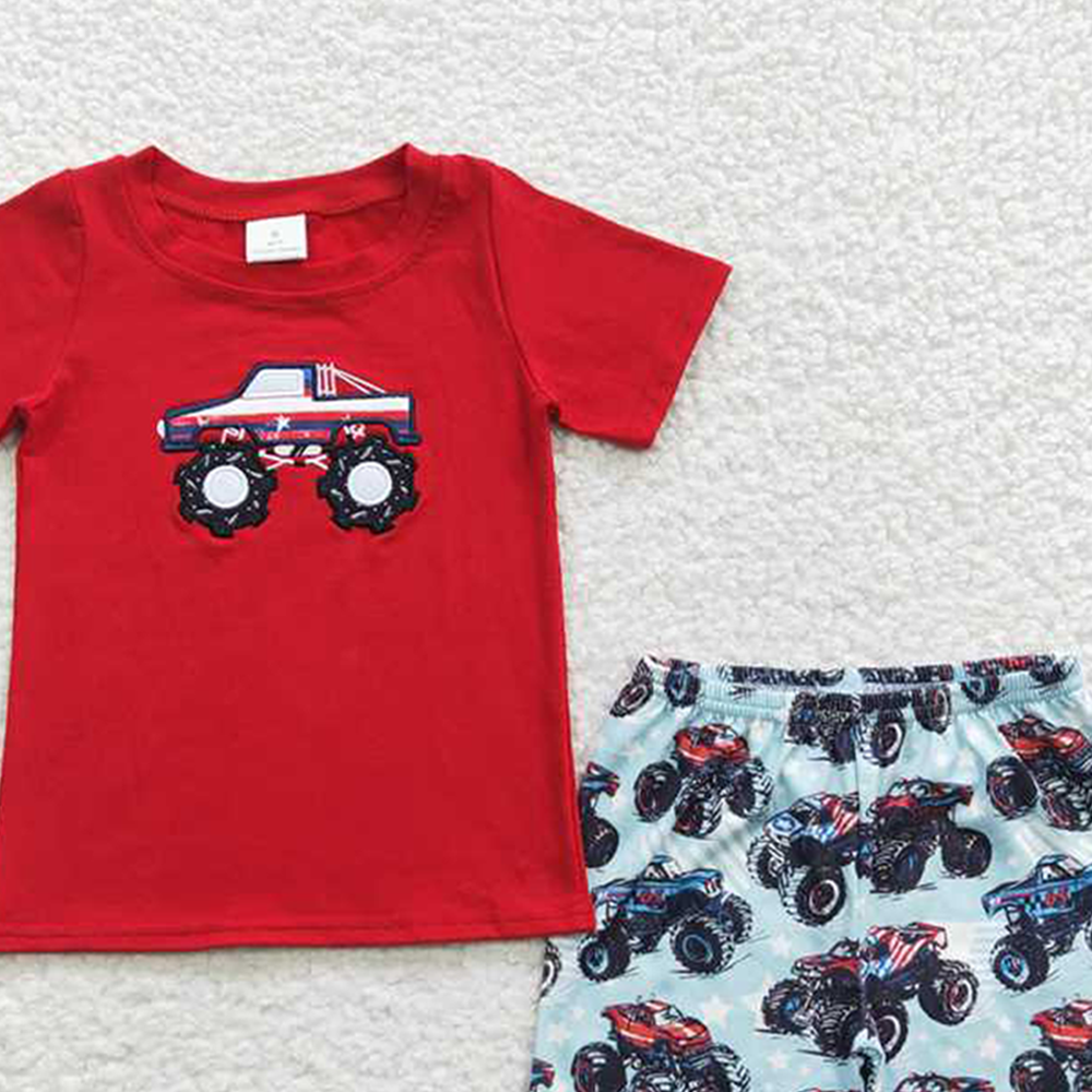 BSSO0185 RTS NO MOQ Baby Boys Summer Boys Outfits Embroidery Baby Boys Tractor Summer Shorts Sets