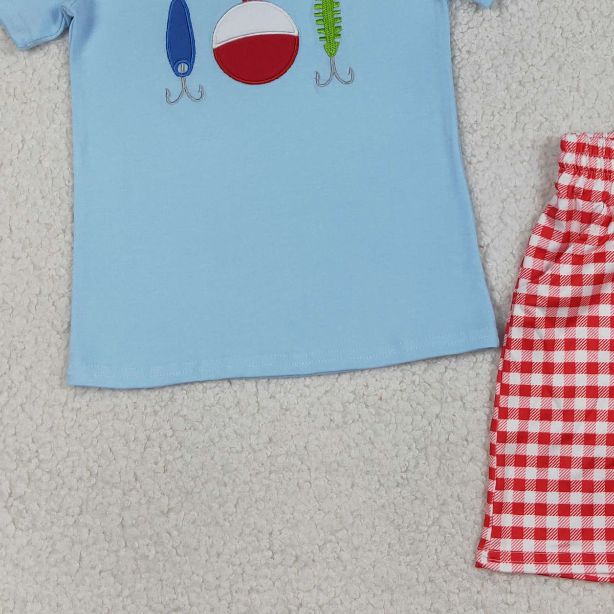 4.8 BSSO1699 RTS NO MOQ （In stock ）Short sleeves fishing lure embroidery kids boys outfits