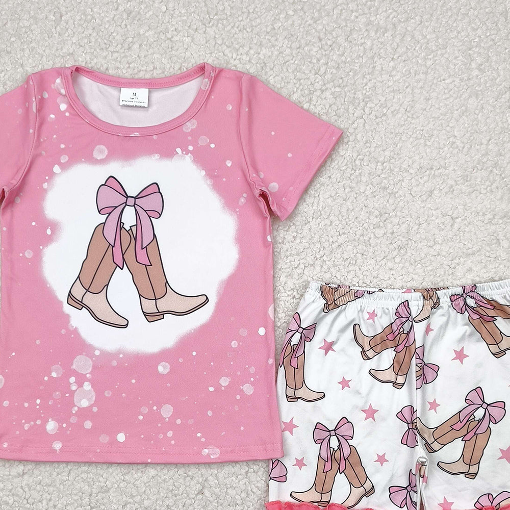 GSSO2354RTS NO MOQ Baby Girls Summer Outfits Girls Pink Bleached Bow Top Ruffle Shorts Set Cute Casual Outfit for Kids