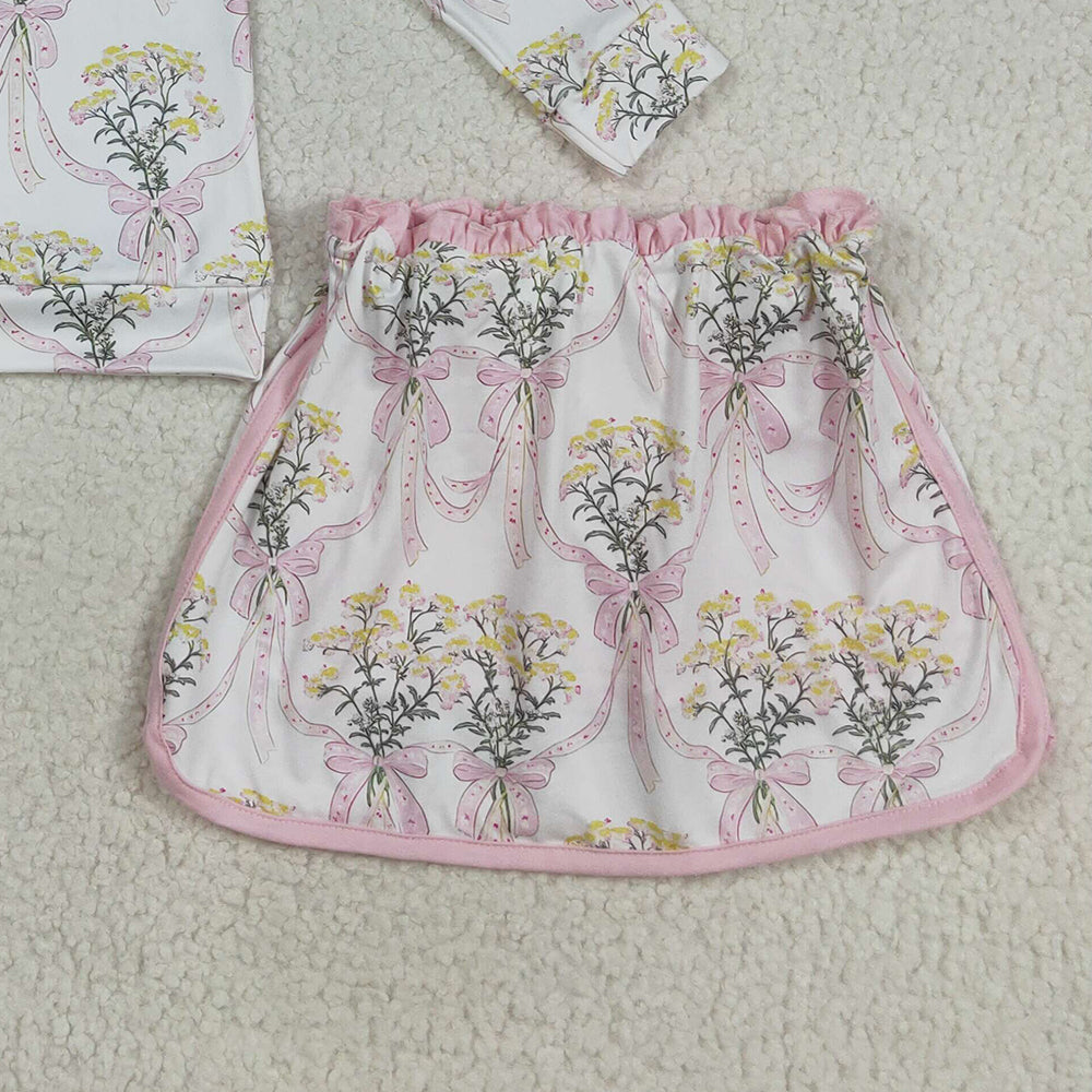 RTS NO MOQ （In stock）GLD1078 Baby Girls Outfits Baby Girls Pink Bows Flowers Plaid Half Zip Pullpvers Skorts Set