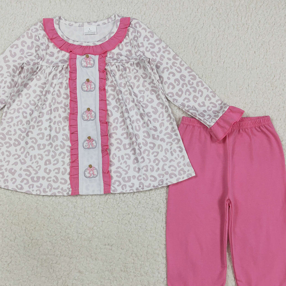 RTS NO MOQ （In stock）GLP2353 Baby Girls Winter Outfits Kids Girls Fall Pumpkin Leopard Tunic Top With Ruffle Pants Set