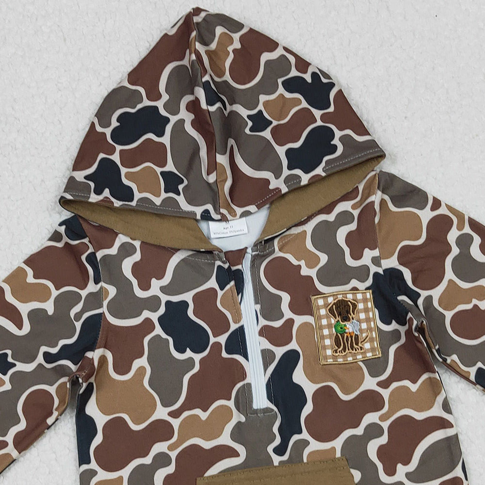 10.10 RTS NO MOQ （In stock）BT1300 Embroidery Dog Duck Baby Boys Brown Camo Pocket Zip Hunting Hoodies